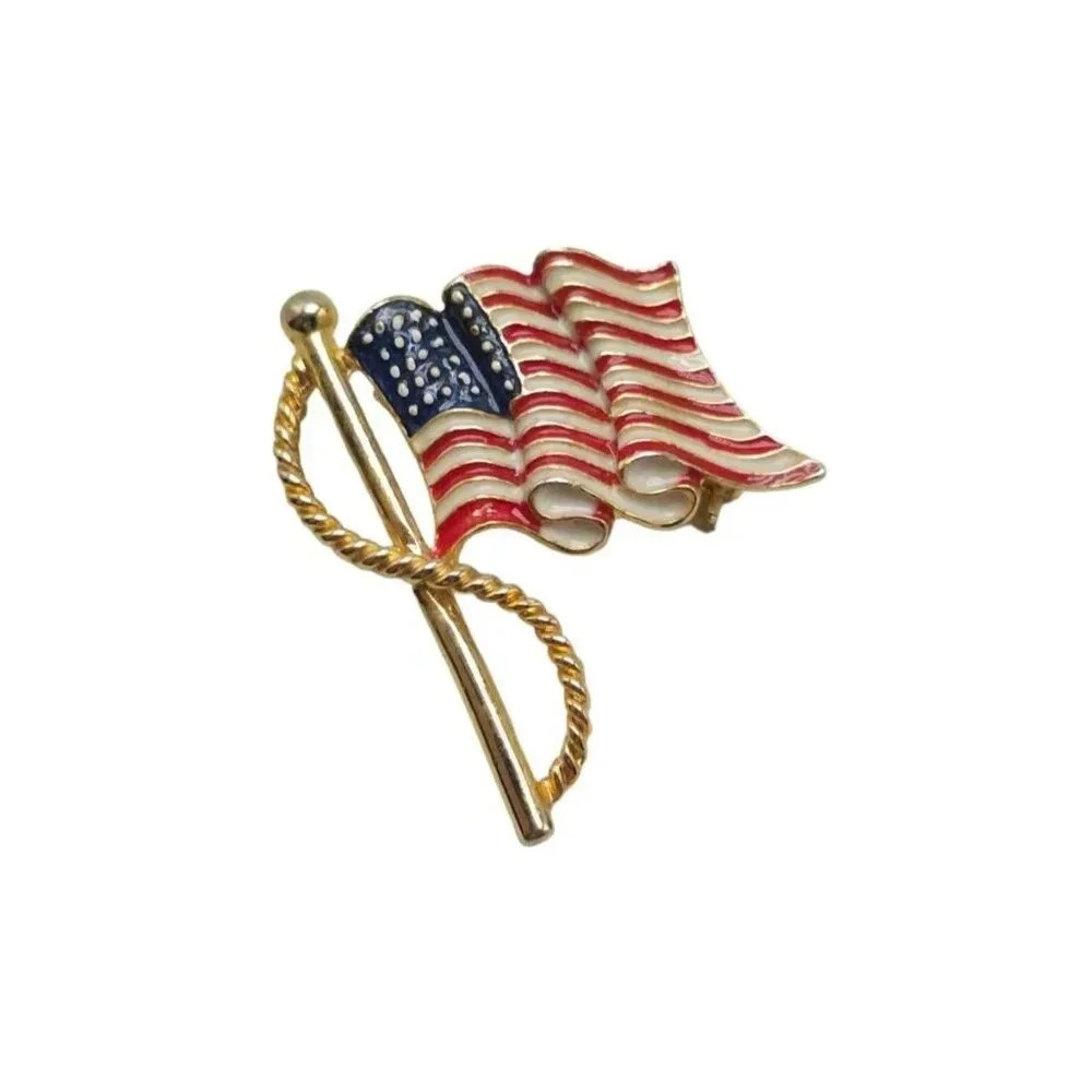 American Hand Painted USA Flag Brooch Pin Gold Tone Vintage
